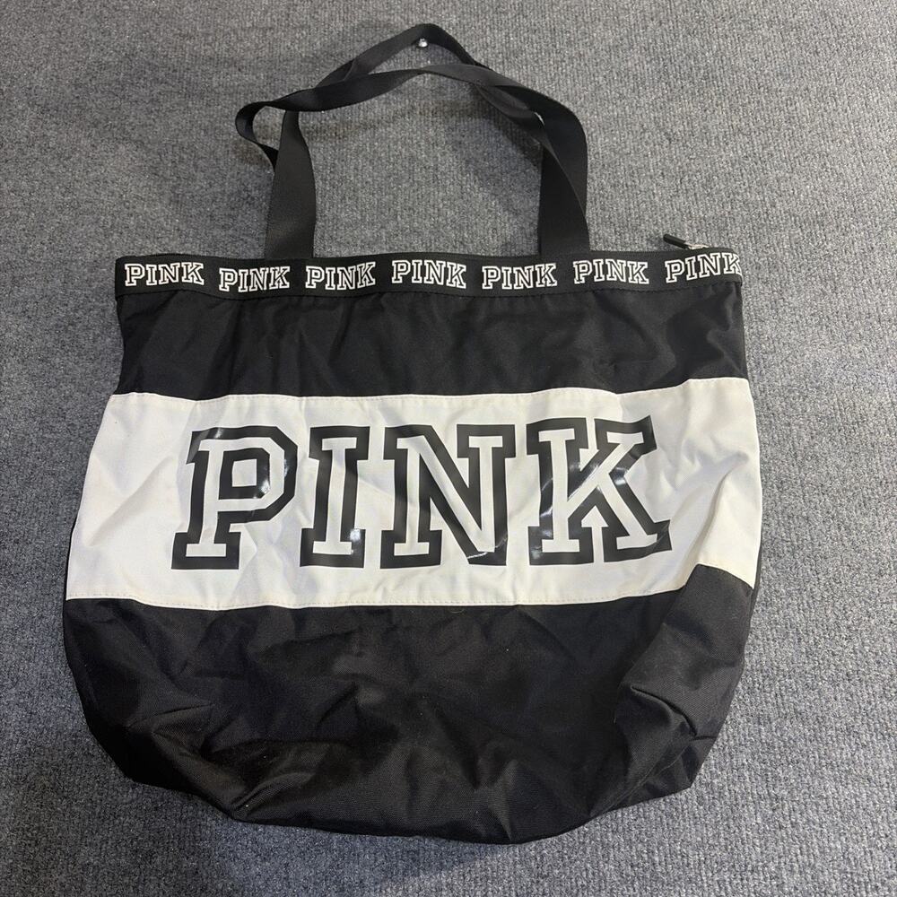 VICTORIA'S SECRET PINK Logo Tote Shoulder Weekender Bag Black & White Zip Up